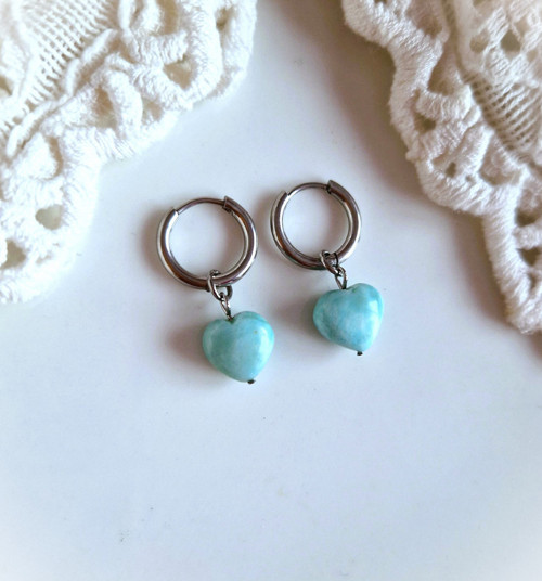 Náušnice*srdíčka*larimar*1 cm*2v1*ocel — foto 6