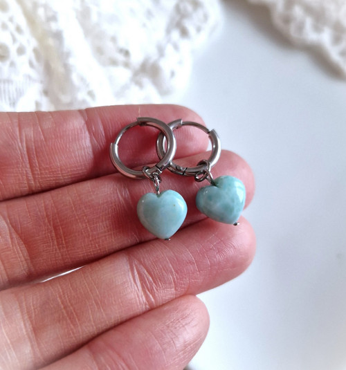 Náušnice*srdíčka*larimar*1 cm*2v1*ocel — foto 5