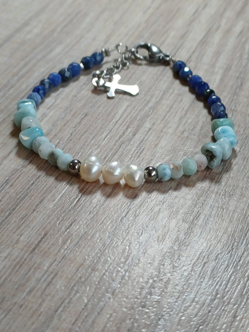Minerál*náramek*Larimar*Perly*Sodalit*ocel* — foto 2