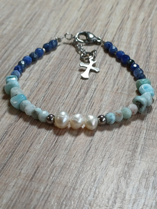 Minerál*náramek*Larimar*Perly*Sodalit*ocel* — foto 3
