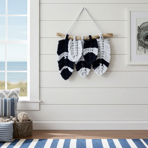 Macramé peříčka modro-bílá na větvi — foto 2