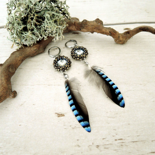 Náušnice Light Blue "Jay" Swarovski Sojčí peří — foto 3