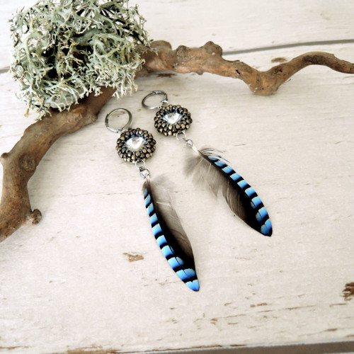Náušnice Light Blue "Jay" Swarovski Sojčí peří — foto 5