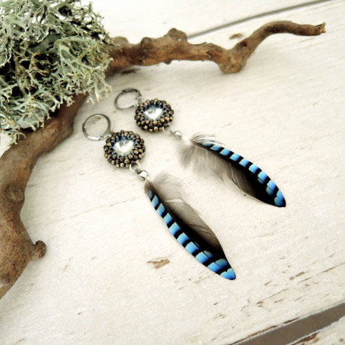 Náušnice Light Blue "Jay" Swarovski Sojčí peří — foto 2