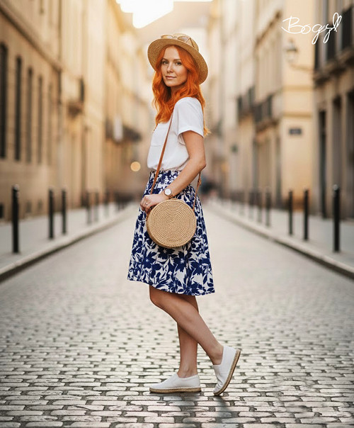 Modrá elastická sukně do gumy s květy — foto 4