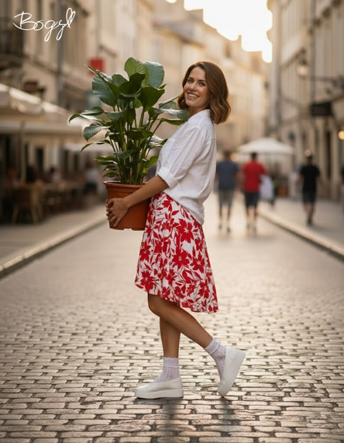 Červená elastická sukně do gumy s květy 38,40 — foto 2