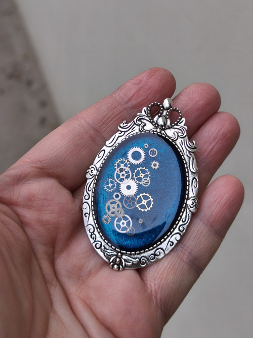 Steampunková oválná brož, modrá — foto 2
