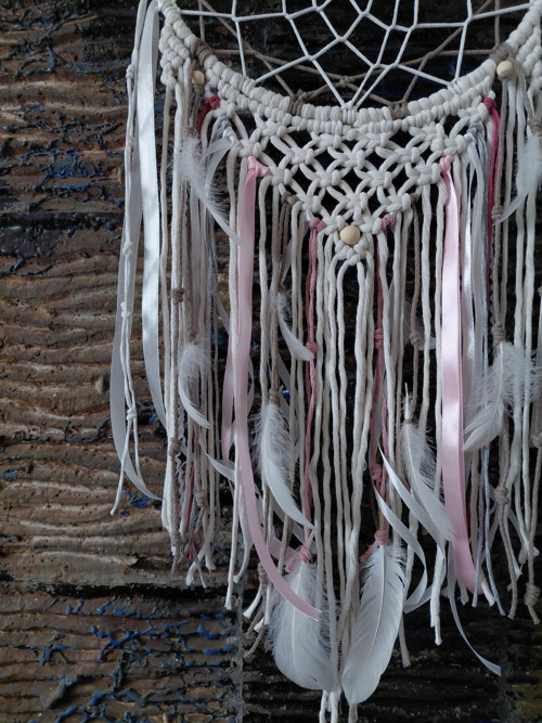Macramé lapač snů -krémová - růžová 30x70cm — foto 4