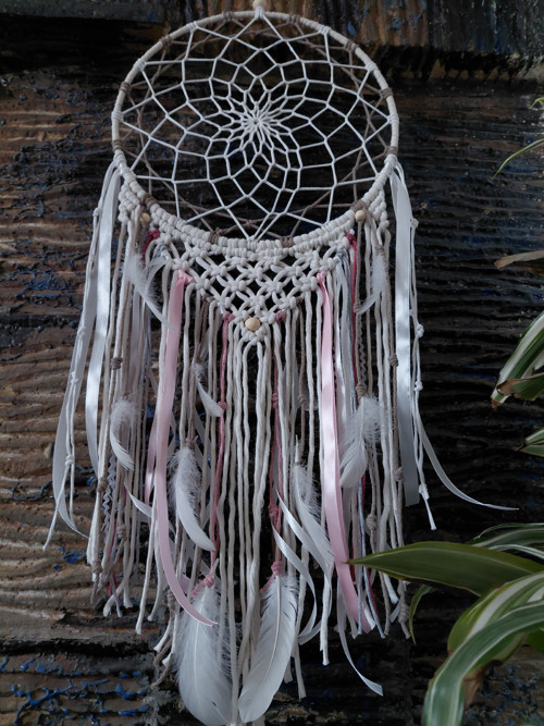 Macramé lapač snů -krémová - růžová 30x70cm — foto 3