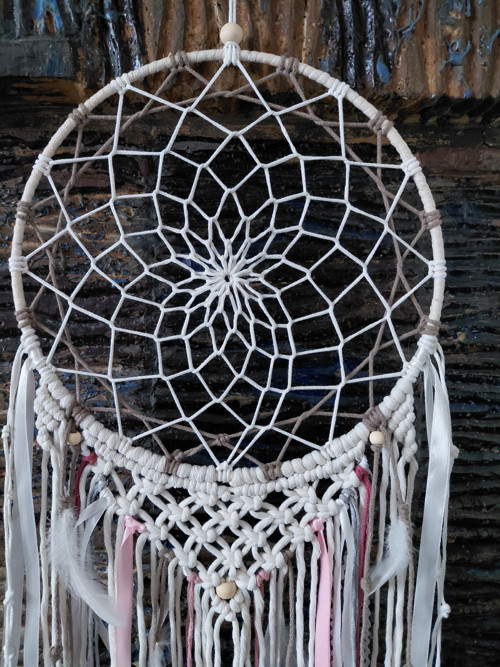 Macramé lapač snů -krémová - růžová 30x70cm — foto 2