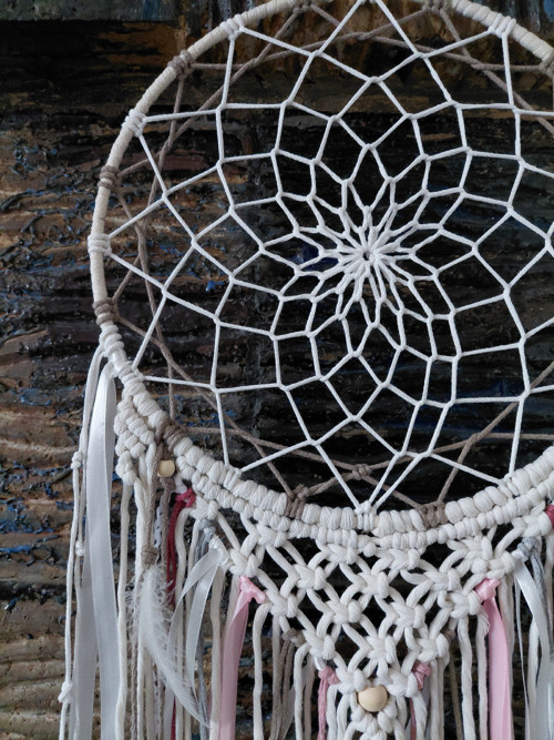 Macramé lapač snů -krémová - růžová 30x70cm — foto 5