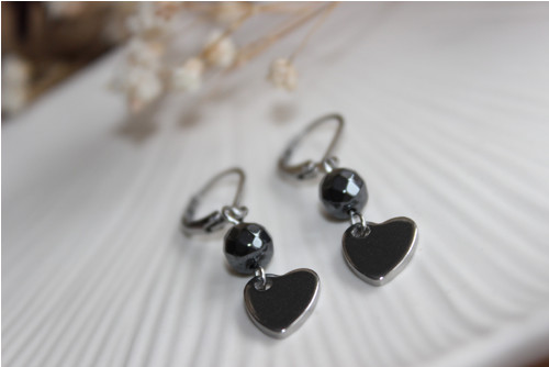 Heart silver/ Hematit. Náušnice chir.ocel — foto 4