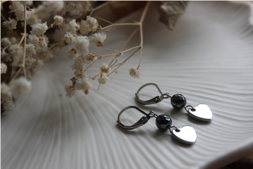 Heart silver/ Hematit. Náušnice chir.ocel — foto 3