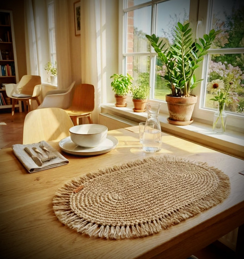 Oválná háčkovaná dečka z juty v boho stylu — foto 6