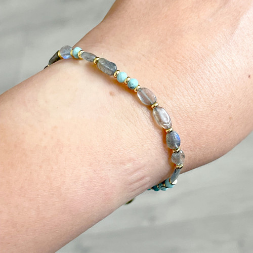 Náramek larimar, labradorit, oceľ, E073 — foto 2