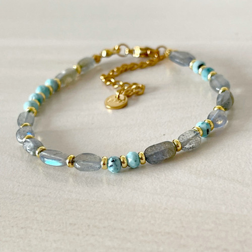 Náramek larimar, labradorit, oceľ, E073 — foto 5