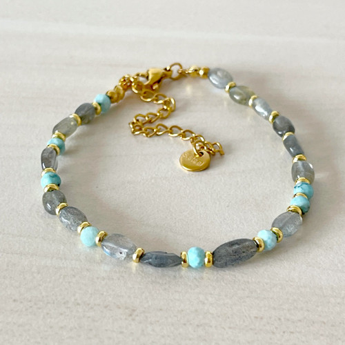 Náramek larimar, labradorit, oceľ, E073 — foto 4
