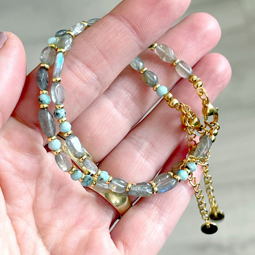 Náramek larimar, labradorit, oceľ, E073 — foto 3