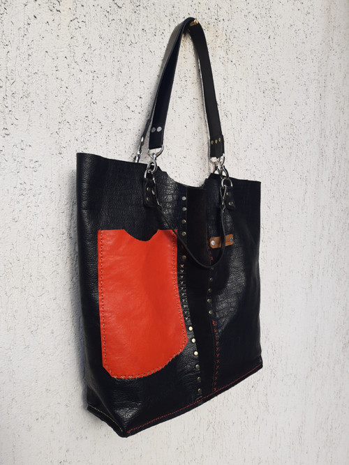 Černá kožená boho shopper kabelka — foto 2