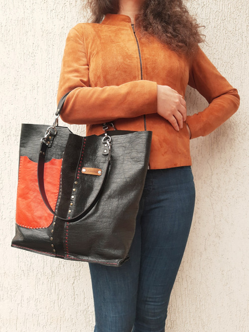 Černá kožená boho shopper kabelka — foto 6