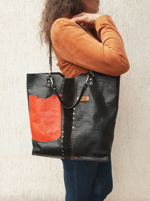 Černá kožená boho shopper kabelka — foto 5