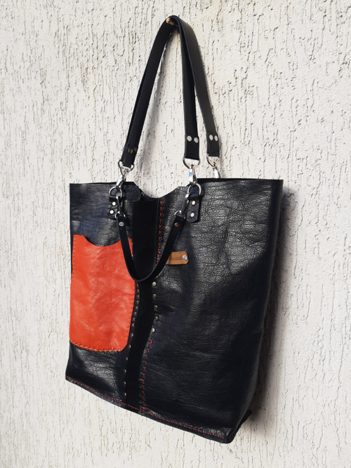 Černá kožená boho shopper kabelka — foto 3