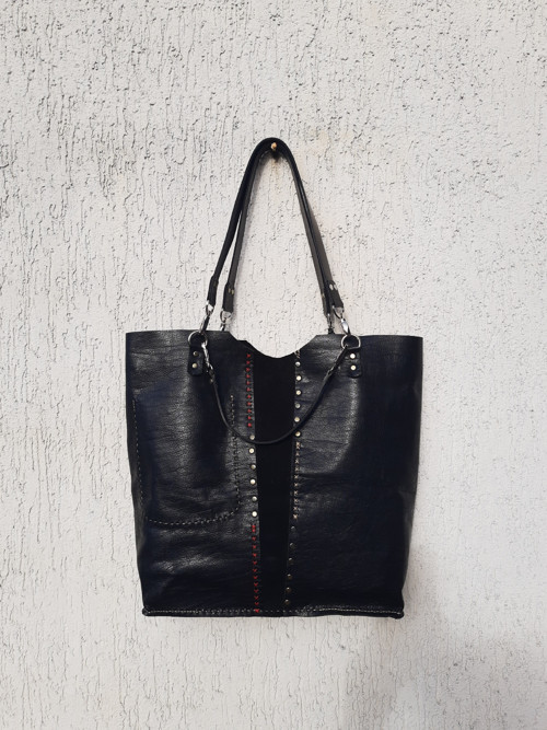 Černá kožená boho shopper kabelka — foto 4