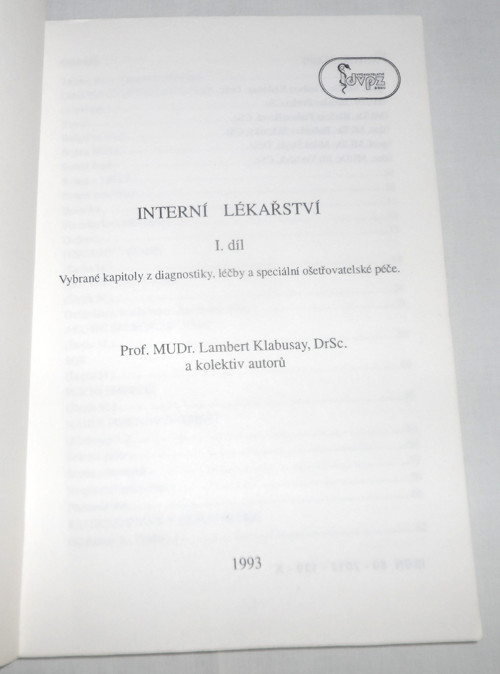 L. Klabusay: INTERNÍ LÉKAŘSTVÍ, I. díl, 1993 — foto 2