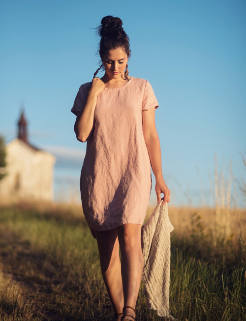 Lněné šaty hladké Pudrové — foto 2