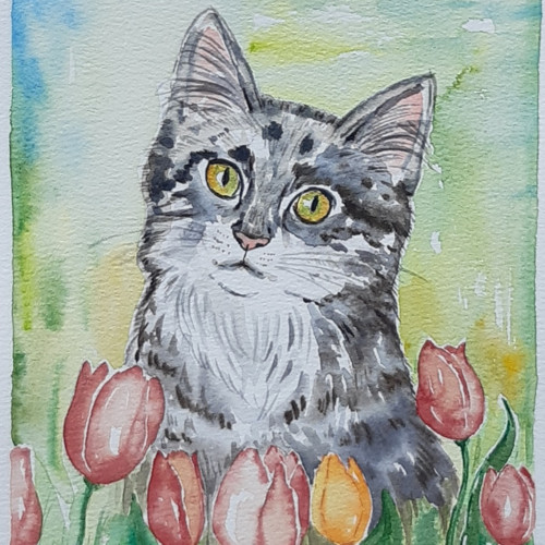 Kočka v tulipánech ORIGINÁL AKVAREL — foto 5