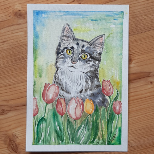 Kočka v tulipánech ORIGINÁL AKVAREL — foto 2