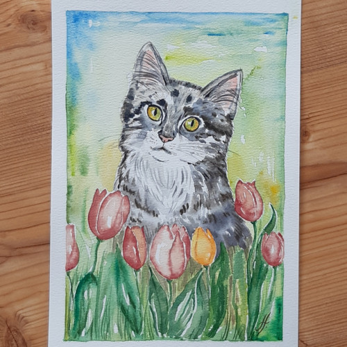 Kočka v tulipánech ORIGINÁL AKVAREL — foto 3