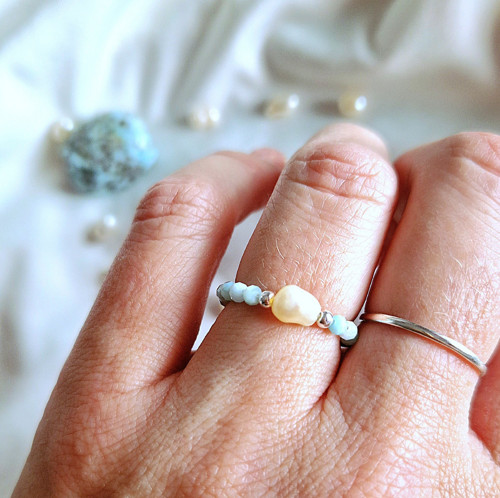 Perla*broušený larimar*stříbro*prsten — foto 3