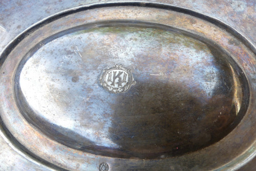 S monogramem...starožitná mísa, alpaka, Sandrik — foto 6
