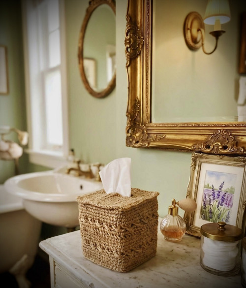 Háčkovaný jutový obal na kapesníky v boho stylu — foto 3
