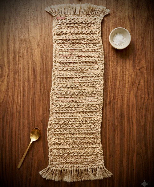 Háčkovaný jutový ubrus-běhoun v boho stylu — foto 5