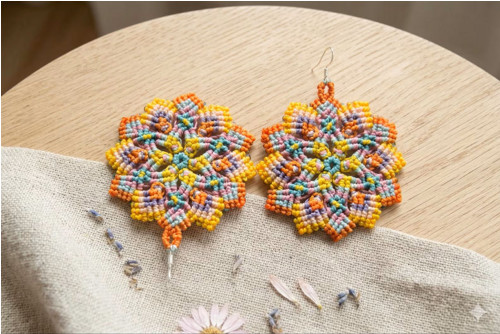 Barevné macramé náušnice mandala Letní květen — foto 2