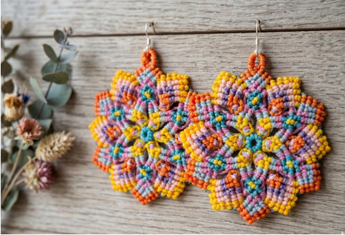Barevné macramé náušnice mandala Letní květen — foto 4