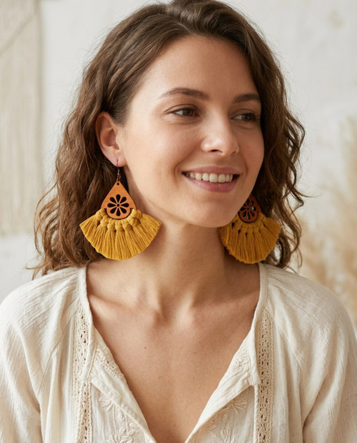 Macramé náušnice - Isabella hořčicová — foto 2