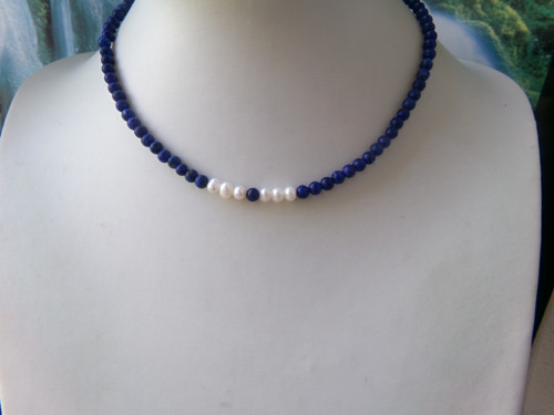 Náhrdelník - lapis lazuli,perličky, nerez — foto 4
