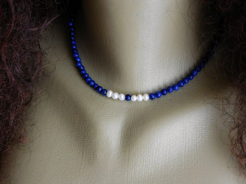 Náhrdelník - lapis lazuli,perličky, nerez — foto 2