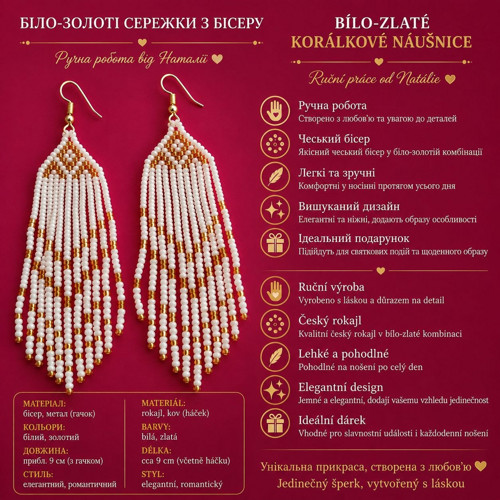 Bílo-zlaté korálkové náušnice — foto 4