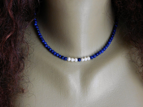 Náhrdelník - lapis lazuli,perličky, nerez — foto 5