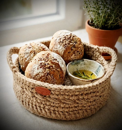 Háčkovaný jutový košík-boho ošatka — foto 2