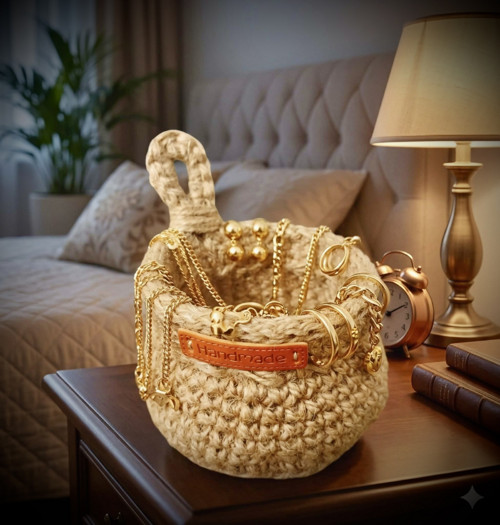 Háčkovaný jutový mini košíček-Boho organizér — foto 6
