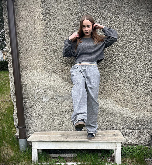 Lněné kalhoty melange — foto 3