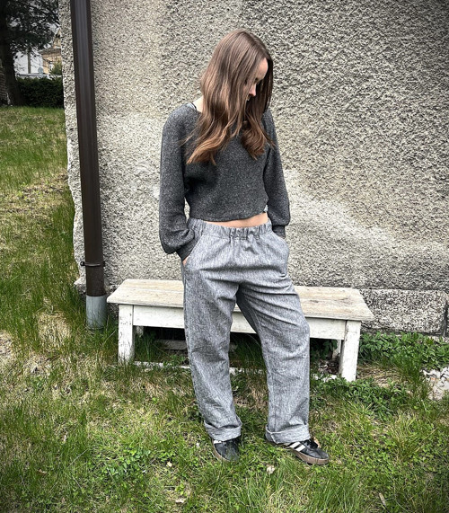 Lněné kalhoty melange — foto 2