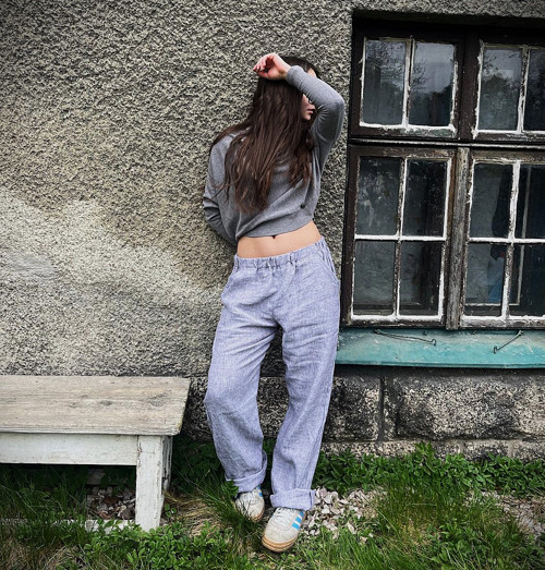 Lněné kalhoty melange světlé — foto 5