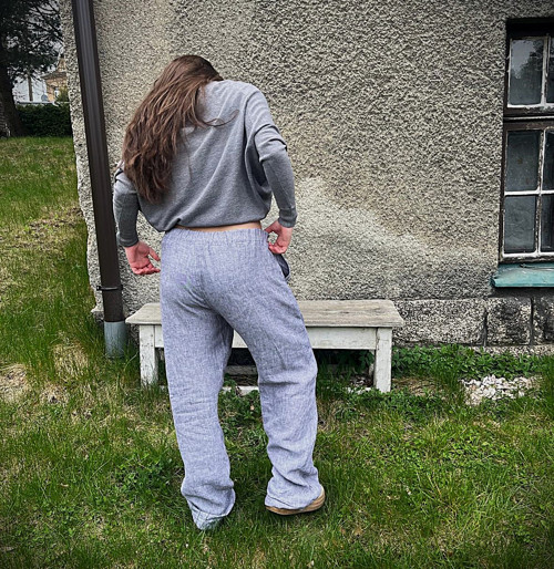 Lněné kalhoty melange světlé — foto 3