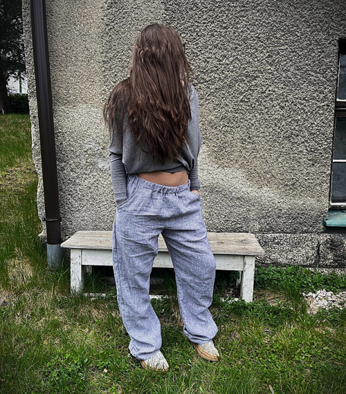 Lněné kalhoty melange světlé — foto 4